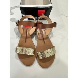 New Directions Betty Gold Glitter Ankle Strap Flat Sandals Womens 9.5 Brown